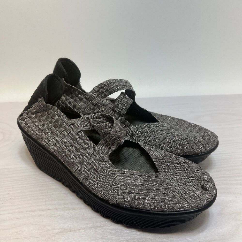BM‎ BERNIE MEV Silver Gray Woven Weave Slip On Wedge Mary Jane Shoes Womens 42